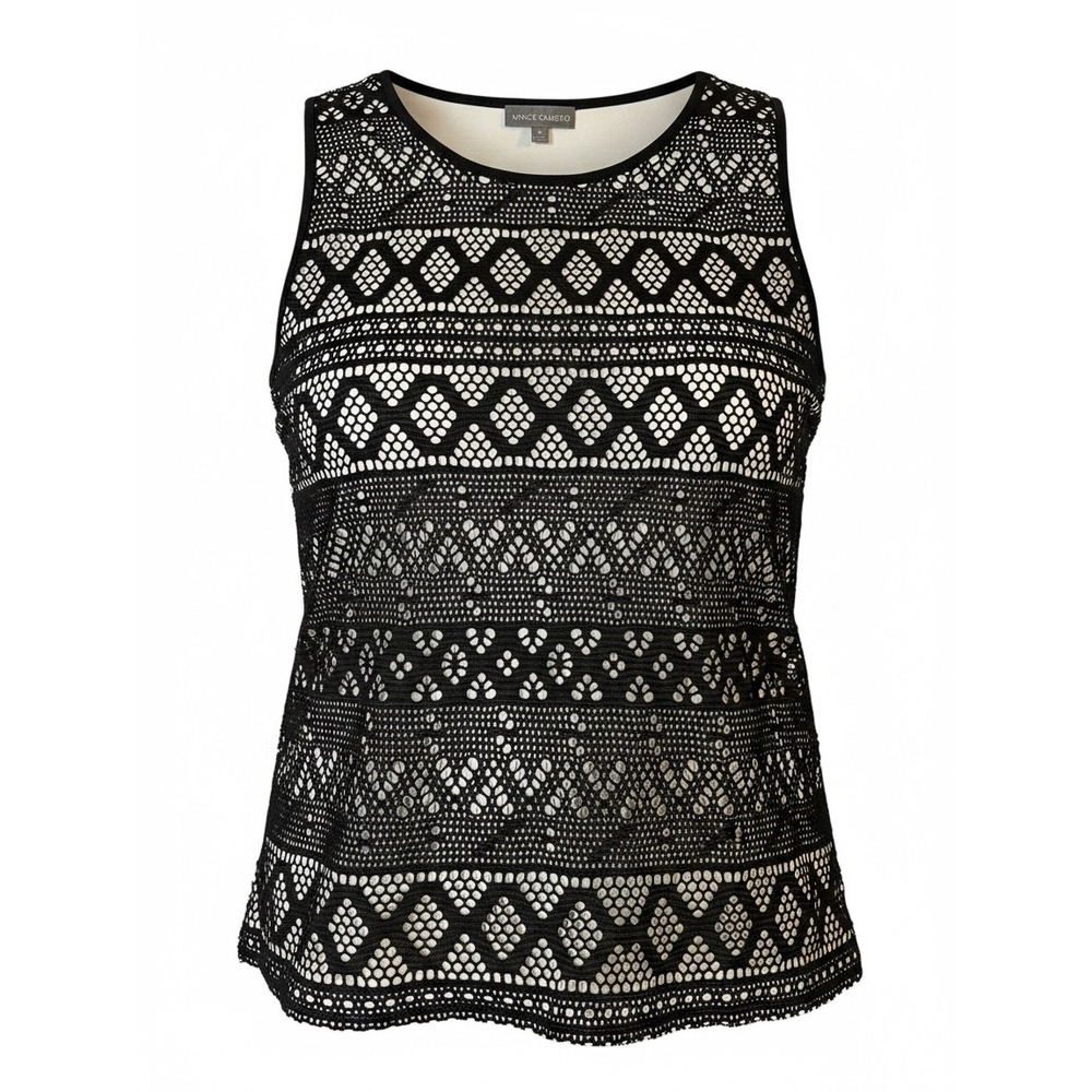 Vince Camuto Tank Small Black Lace Overlay Sleeveless Top Ivory Lined Geometric